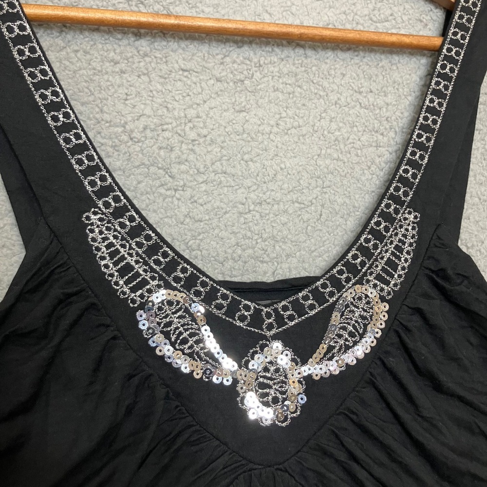 Y2K VTG Cable & Gauge Tank Top XL Black Sequin V-Neck Ruched Smocked Babydoll - Picture 5 of 6